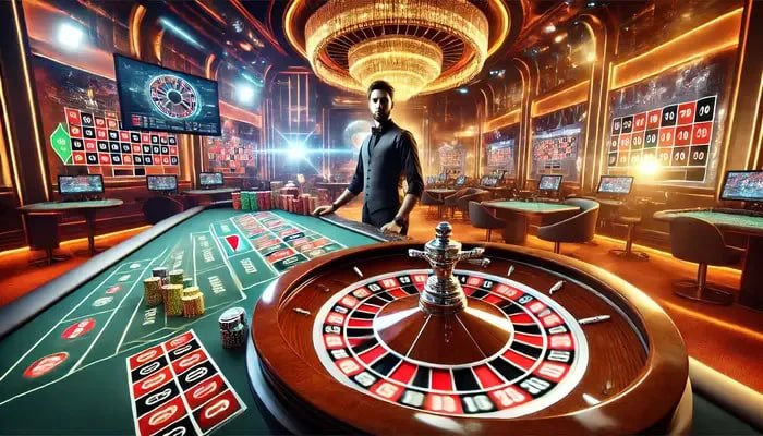 Tampilan studio Monopoly Live dengan host dan papan permainan yang dinamis